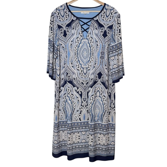 Sandra Darren Textured Stretch Knit Mandala Paisley Midi Dress Size 20W Blue - Picture 1 of 10